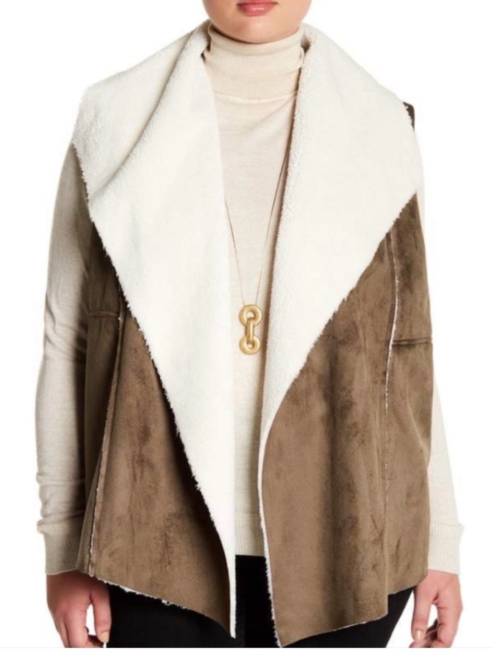 Susina Faux Shearling Suede Shawl Collar Chestnut Vest M